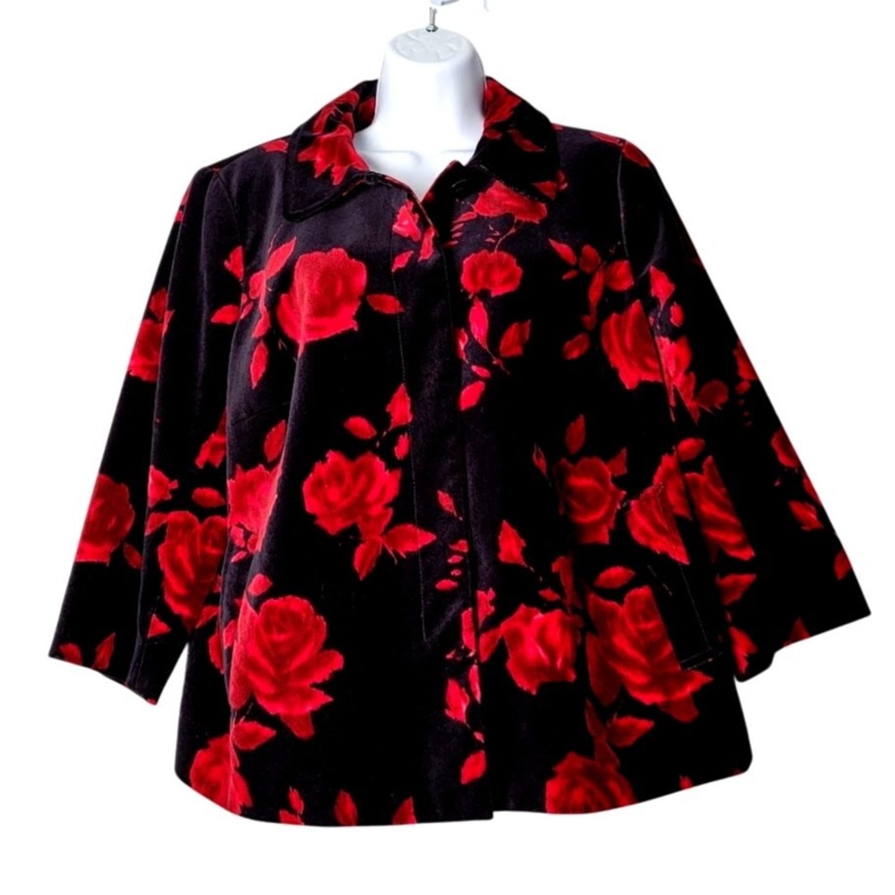 Talbots Red Rose Velvet Jacket 16WP‎ Soft Goth Floral Romantic Dark Academia